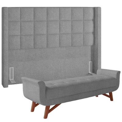 Kit Cabeceira Cama Box Paris 140cm Com Puff Recamier Itália P05 Bouclê Cinza