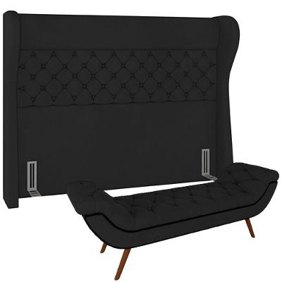 Kit Cabeceira Cama Box Casal 140cm Madrid Com Puff Recamier Santorini Veludo Preto