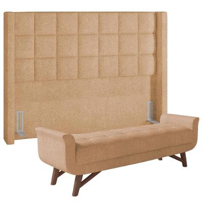 Kit Cabeceira Cama Box Paris 140cm Com Puff Recamier Itália P05 Bouclê Mostarda