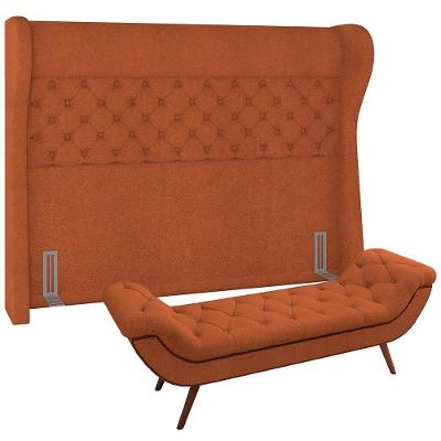 Kit Cabeceira Cama Box Casal 140cm Madrid Com Puff Recamier Santorini Bouclê Terracota