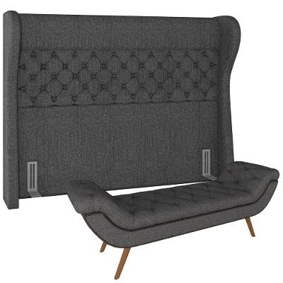 Kit Cabeceira Cama Box Casal 195cm Madrid Com Puff Recamier Santorini Linho Chumbo
