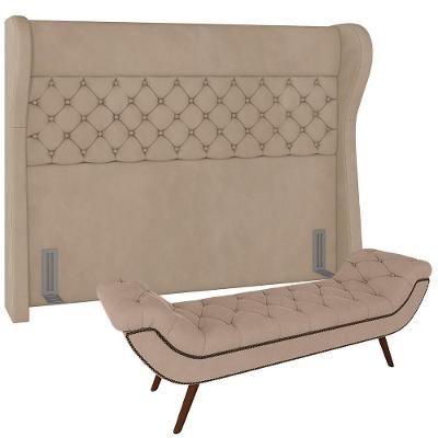 Kit Cabeceira Cama Box Casal 160cm Madrid Com Puff Recamier Santorini Veludo Bege