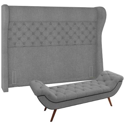 Kit Cabeceira Cama Box Casal 160cm Madrid Com Puff Recamier Santorini Bouclê Cinza