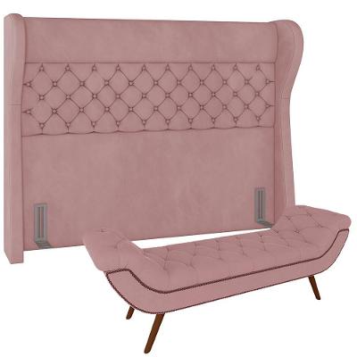 Kit Cabeceira Cama Box Casal 160cm Madrid Com Puff Recamier Santorini Veludo Rosê