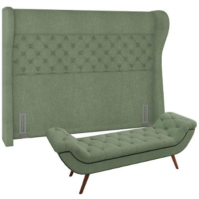 Kit Cabeceira Cama Box Casal 195cm Madrid Com Puff Recamier Santorini Bouclê Oliva