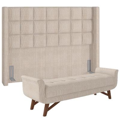 Kit Cabeceira Cama Box Casal 140cm Paris Com Puff Recamier Itália Linho Creme