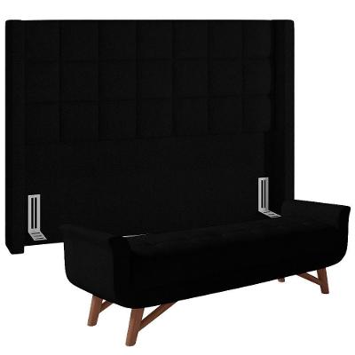 Kit Cabeceira Cama Box Paris 195cm Com Puff Recamier Itália Bouclê Preto