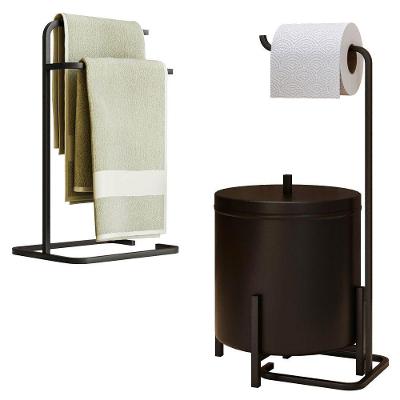 Kit Porta Toalha De Rosto Lixeira 6l E Porta Papel Higiênico Eleganza Metal Preto