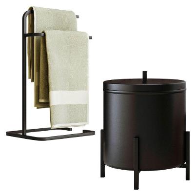 Kit Suporte Pano De Prato E Lixeira De Cozinha 6l Eleganza Metal Preto