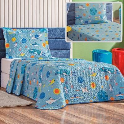 Enxoval Kit Colcha + Jogo De Cama Lençol Bouti Solteiro Infantil Kids 4 Peças - Astronauta.