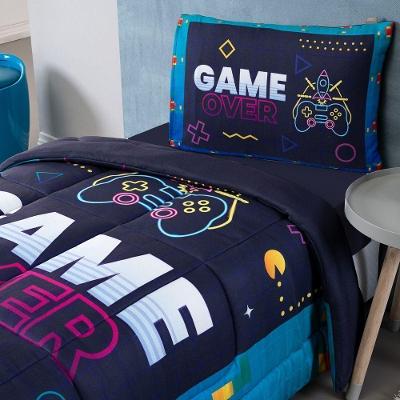 Kit Edredom + Lençol Plush Fofinho Infantil Dupla Face Dream 3 Peças Solteiro - Video Game.