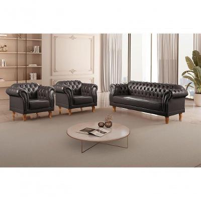 Conjunto Sofá Chesterfield 3 Lugares + 2 Poltronas couro Ecológico Preto 300