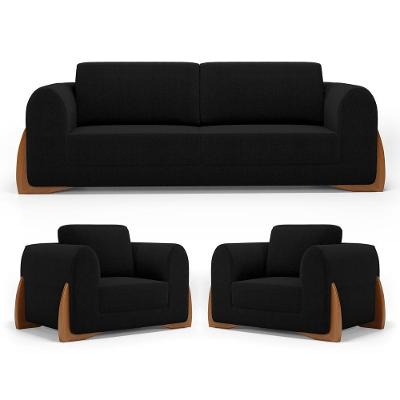 Kit 02 Poltronas E 01 Sofá Bloom 220cm 03 Lugares Com Pés De Madeira Bouclê Preto - Desk Design