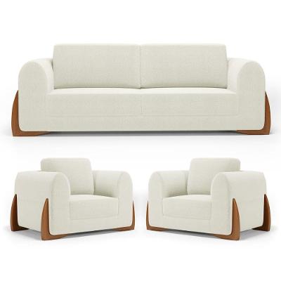 Kit 02 Poltronas E 01 Sofá Bloom 220cm 03 Lugares Com Pés De Madeira Bouclê Off White - Desk Design