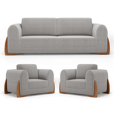 Kit 02 Poltronas E 01 Sofá Bloom 180cm 02 Lugares Com Pés De Madeira Bouclê Cinza - Desk Design