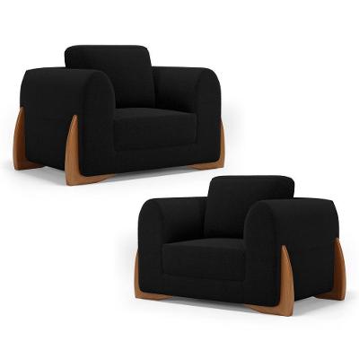 Kit 02 Poltronas Decorativas Living Bloom Com Pés De Madeira Bouclê Preto - Desk Design