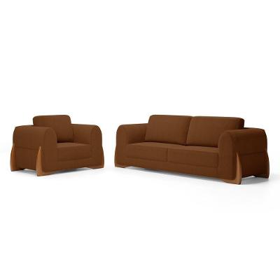 Kit Poltrona E Sofá Bloom 200cm 03 Lugares Com Pés De Madeira Bouclê Terracota - Desk Design