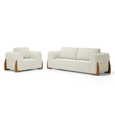 Kit Poltrona E Sofá Bloom 160cm 02 Lugares Com Pés De Madeira Bouclê Off White - Desk Design