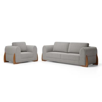Kit Poltrona E Sofá Bloom 180cm 02 Lugares Com Pés De Madeira Bouclê Cinza - Desk Design
