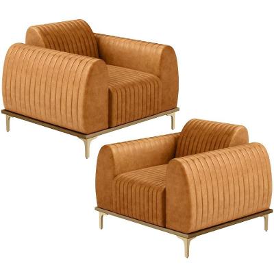 Kit 02 Poltronas Decorativa Base Madeira Pés D\'ouro Molino D02 Couríssimo Whisky B-90 - Lyam