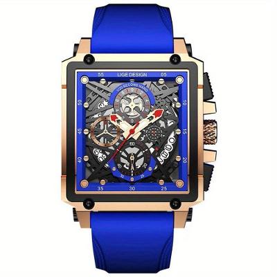 Relógio Masculino Lige, Quadrado De Pulso à Prova D'água Com Pulseira De Silicone Quartzo Esportivo Azul