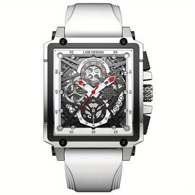 Relógio Masculino Lige, Quadrado De Pulso à Prova D'água Com Pulseira De Silicone Quartzo Esportivo Branco