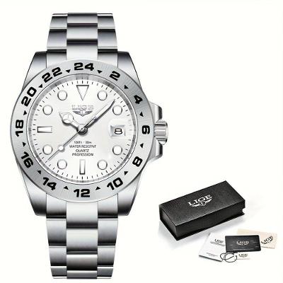 Relógio Masculinos Lige, Moda à Prova D'água Com Data Luminosa, Relógio De Quartzo Em Aço Inoxidável Branco