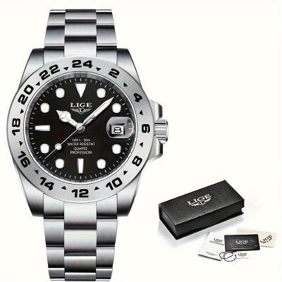 Relógio Masculinos Lige, Moda à Prova D'água Com Data Luminosa, Relógio De Quartzo Em Aço Inoxidável Preto