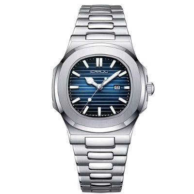 Relogio Analógico Masculino Quadrado Luminoso Em Aço Inoxidável Impermeavel Azul