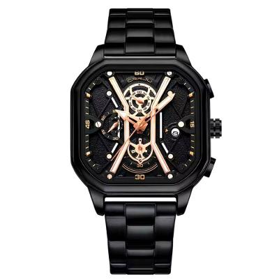 Relógio Masculino De Quartzo Em Aço Inoxidável Impermeável Design Quadrado Luminoso Preto Fosco