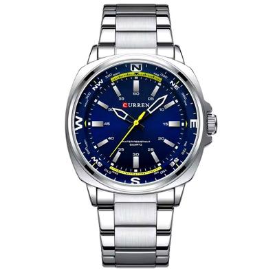 Relógio De Quartzo Masculino Display Analógico, Pulseira De Aço Inoxidável Impermeavel Prata Azul