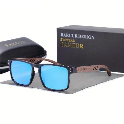 Óculos Em Design De Madeira Natural Com Lentes Degradê Azul