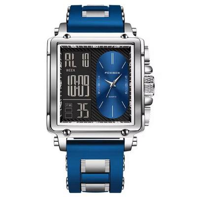 Relógio Quadrado De Quartzo Masculino Dual Display Impermeável Pulseira De Silicone Azul