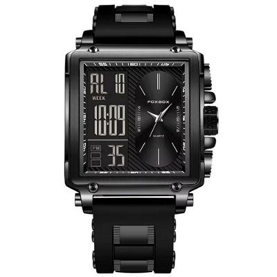 Relógio Quadrado De Quartzo Masculino Dual Display Impermeável Pulseira De Silicone Preto