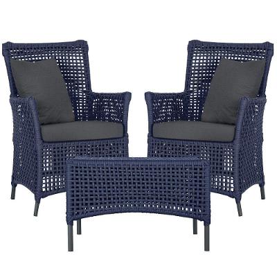 2 Poltronas E 1 Mesa Igapó Alumínio Preta Corda Náutica E11 Azul