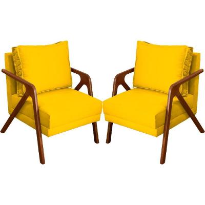 Kit 2 Poltronas Decorativa Shine Pé Castanho - Amarelo Suede