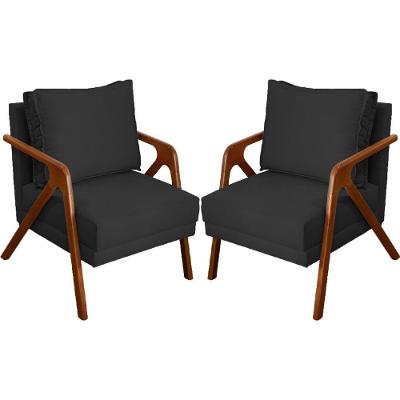 Kit 2 Poltronas Decorativa Shine Pé Castanho - Preto Suede
