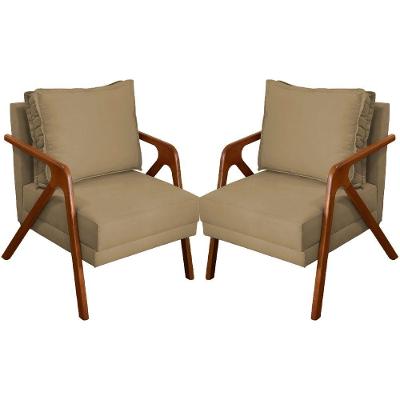 Kit 2 Poltronas Decorativa Shine Pé Castanho - Nude Suede