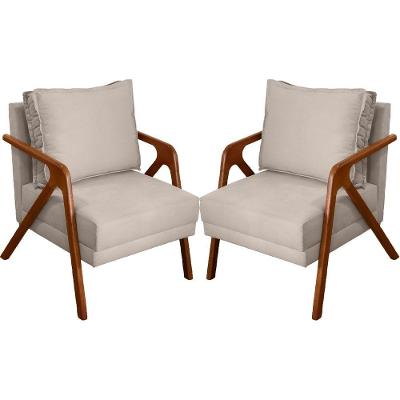 Kit 2 Poltronas Decorativa Shine Pé Castanho - Bege Suede
