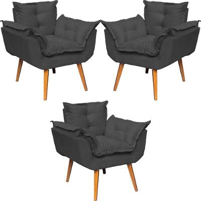Kit 3 Poltronas Decorativa Alice Pé Trapézio 30cm Castanho - Suede
