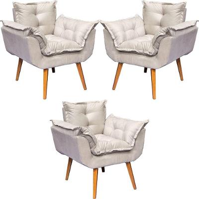 Kit 3 Poltronas Decorativa Alice Pé Trapézio 30cm Castanho - Suede
