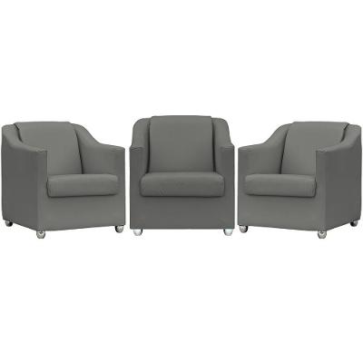 Kit 3 Poltronas Mila Corino Cores Pé De Plástico Cromado - Cinza Corino