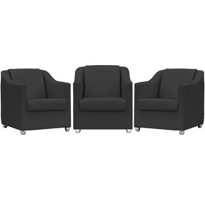 Kit 3 Poltronas Mila Corino Cores Pé De Plástico Cromado - Preto Corino