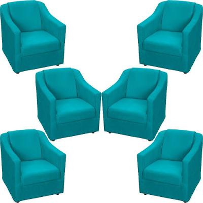 Kit 6 Poltronas Mila Pé De Plástico Cromado - Azul-turquesa Suede