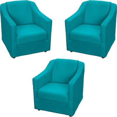 Kit 3 Poltronas Mila Pé De Plástico Cromado - Azul-turquesa Suede