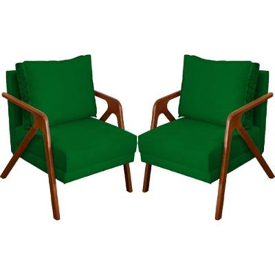 Kit 2 Poltronas Decorativa Shine Pé Castanho - Verde Suede