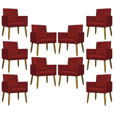 Kit 10 Poltronas Decorativas Mari Pé Palito Castanho - Vermelho Suede