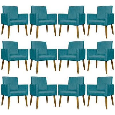 Kit 12 Poltronas Decorativas Mari Pé Palito Castanho - Azul-turquesa Suede