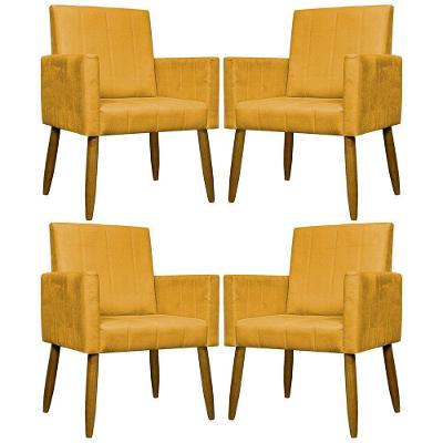 Kit 4 Poltronas Decorativas Mari Suede Pé Palito Castanho - Mostarda Suede