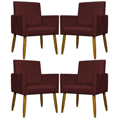 Kit 4 Poltronas Decorativas Mari Suede Pé Palito Castanho - Bordô Suede